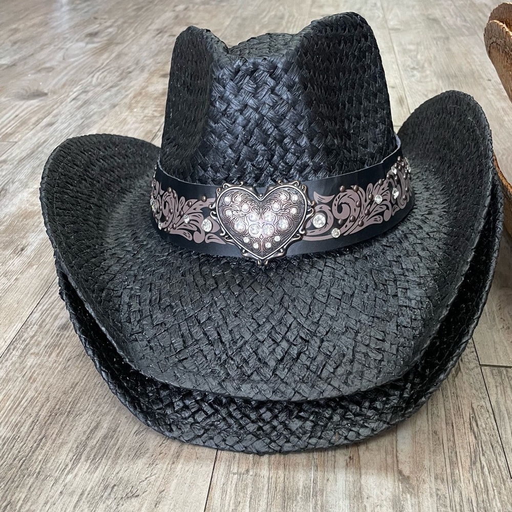 Black Straw Cowboy Hat with Heart Accent